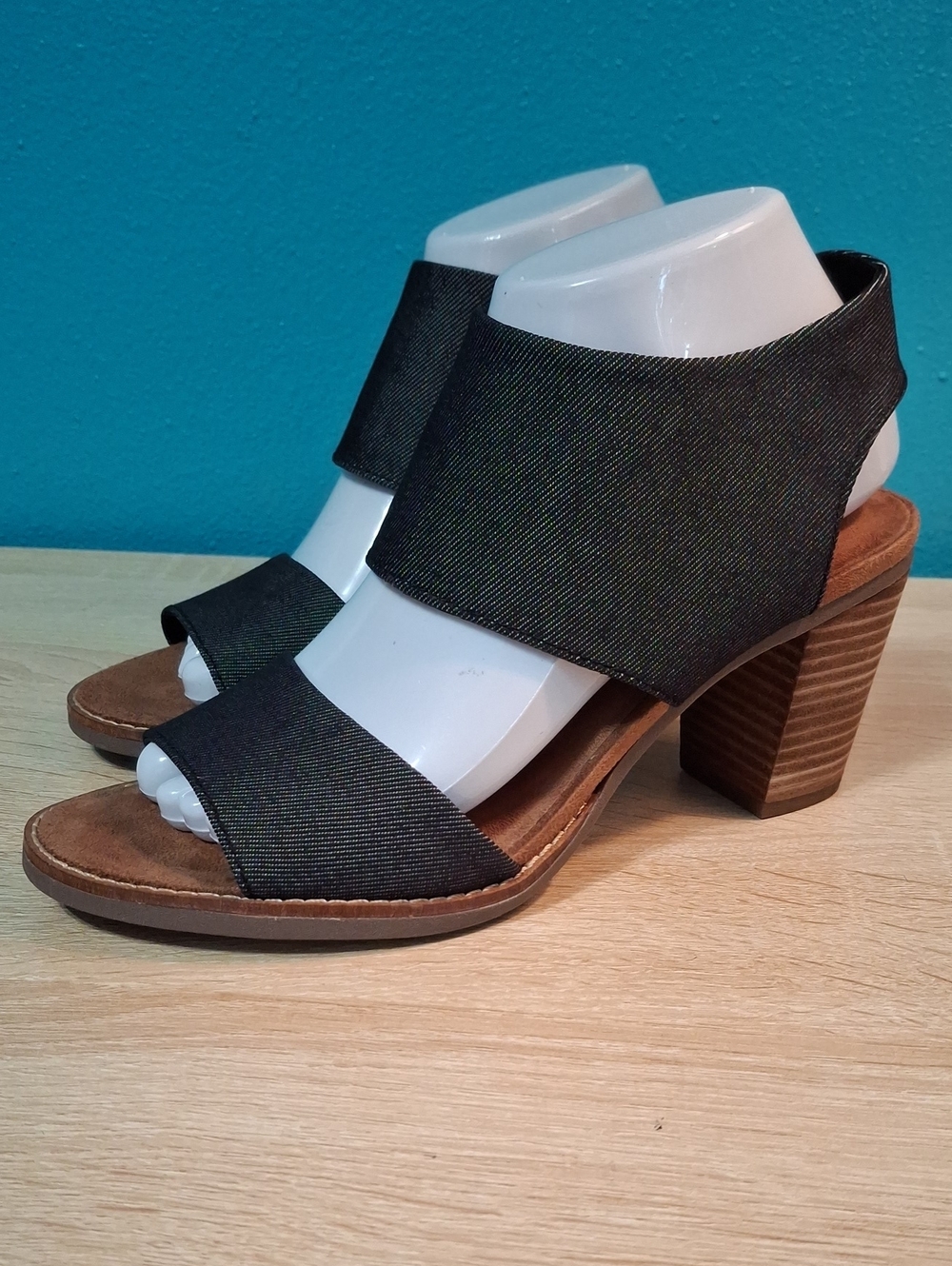 Toms Majorca Black Denium Open-Toe Block Heel Sandals